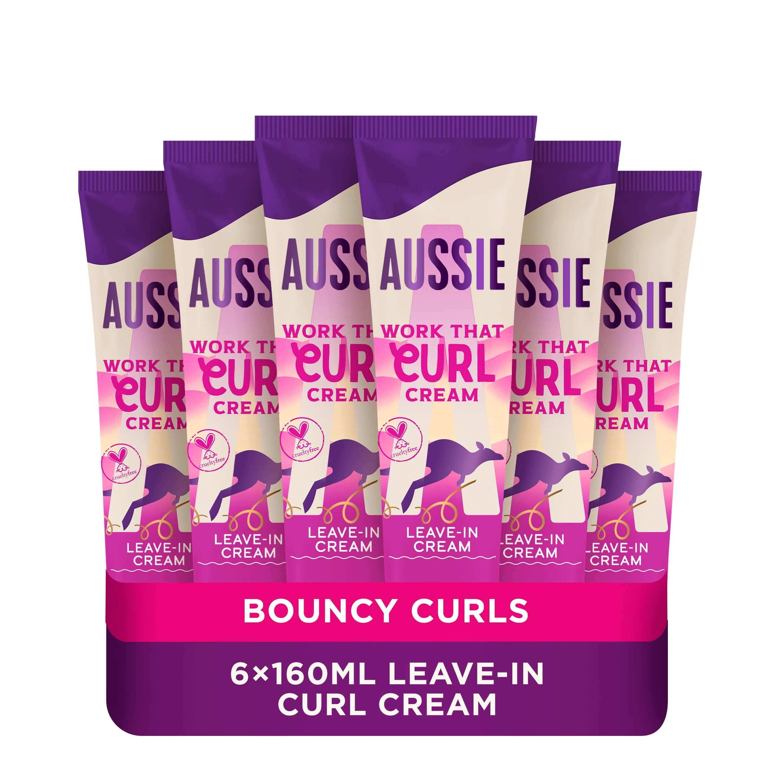 Aussie Work That Curl Defining Curl Cream | For Dry Curly & Wavy Hair | Jojoba Oil, Coconut Oil & Macadamia Nut Oil | Cruelty Free Vegan Formula | Multi-Tasking Curling Cream (Pack of 6 x 160ml)