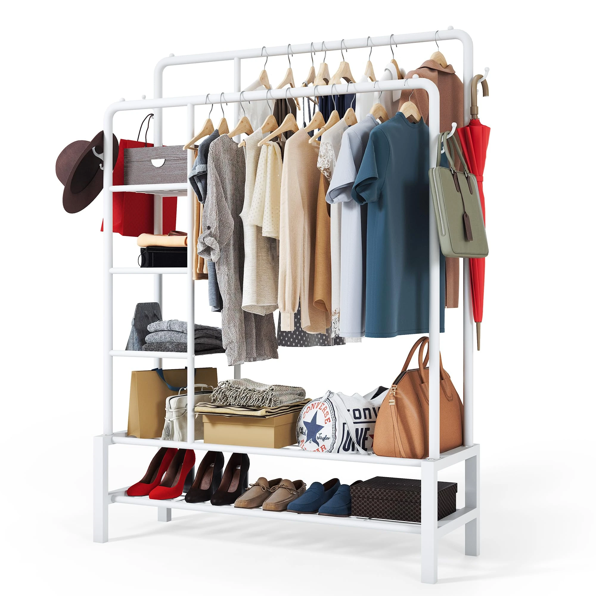 Klass Home Collection Heavy Duty Clothes Rail, 120KG White Metal Rack With Double Hanging Clothing Rail, Shoe Rack, Storage Shelves & 4 Coat Hooks, Wardrobe Clothes Rails For Bedroom Office Shop