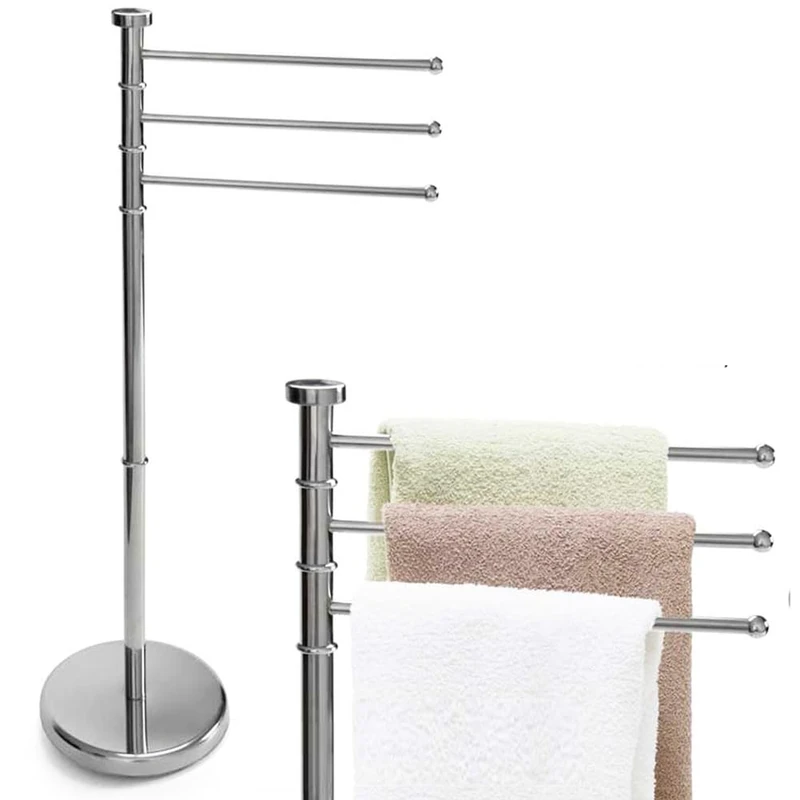 BAKAJI Milano Model Floor Towel Rack with 3 Adjustable Rods, Floor Standing Towel Holder with Round Base, 3 Levels Rotating Bathroom Organizer Stand Self-Standing (Chrome)