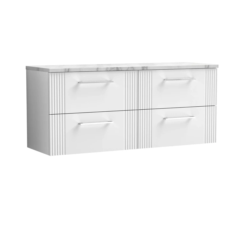 nuie DPF193LCM2 Deco Modern Bathroom Wall Hung 4 Soft Close Drawer Vanity Unit and Carrera Marble Laminate Worktop, 1200mm, Satin White