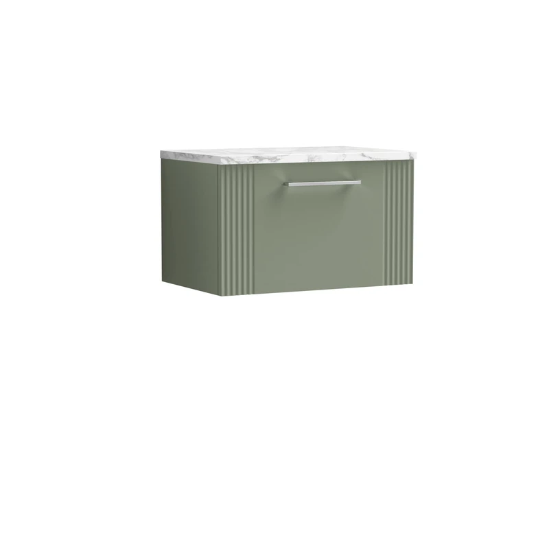 nuie DPF894LCM Deco Modern Bathroom Wall Hung Single Soft Close Drawer Vanity Unit and Carrera Marble Laminate Worktop, 600mm, Satin Green