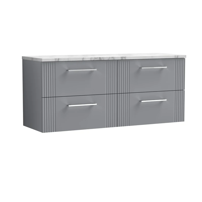 nuie DPF293LCM2 Deco Modern Bathroom Wall Hung 4 Soft Close Drawer Vanity Unit and Carrera Marble Laminate Worktop, 1200mm, Satin Grey