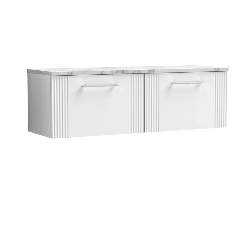 nuie DPF194LCM2 Deco Modern Bathroom Wall Hung 2 Soft Close Drawer Vanity Unit and Carrera Marble Laminate Worktop, 1200mm, Satin White