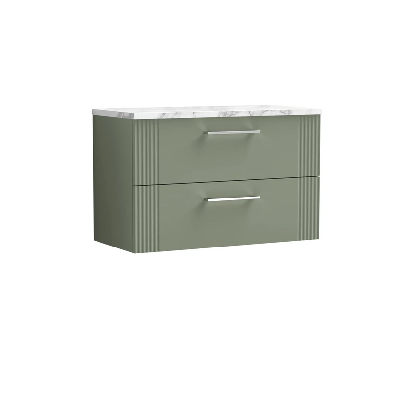 nuie DPF895LCM Deco Modern Bathroom Wall Hung 2 Soft Close Drawer Vanity Unit and Carrera Marble Laminate Worktop, 800mm, Satin Green