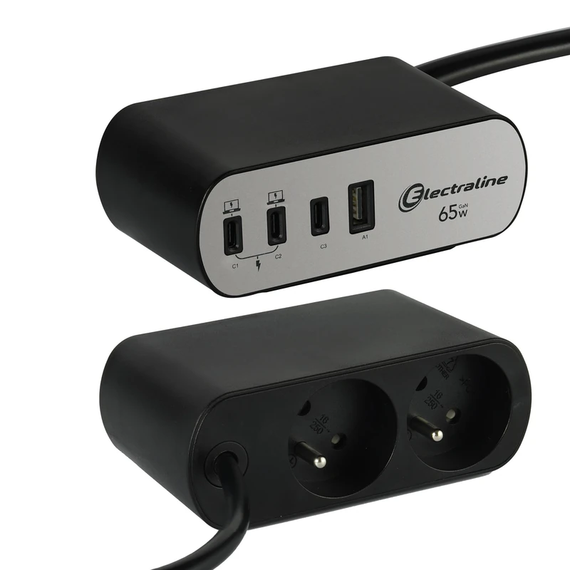 Electraline 35462 Power Strip for Electradock Offices with 2 French Sockets + 4 USB (3 USB C (Power Delivery) PD65W + 1 USB A QC) + 1 Desk Stand Included - Image 1