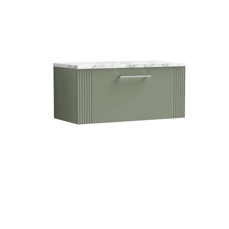 nuie DPF896LCM Deco Modern Bathroom Wall Hung Single Soft Close Drawer Vanity Unit and Carrera Marble Laminate Worktop, 800mm, Satin Green