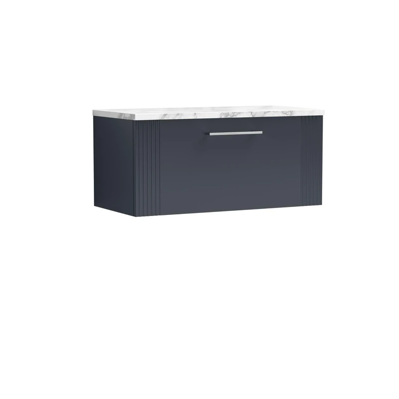 nuie DPF1496LCM Deco Modern Bathroom Wall Hung Single Close Drawer Vanity Unit and Carrera Marble Laminate Worktop, 800mm, Soft Black