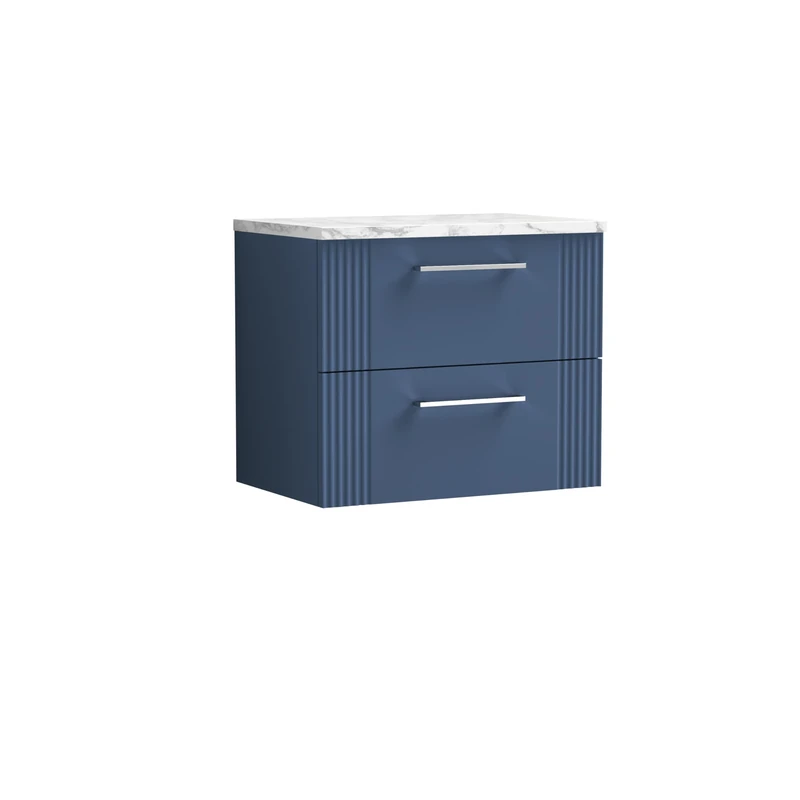 nuie DPF393LCM Deco Modern Bathroom Wall Hung 2 Soft Close Drawer Vanity Unit and Carrera Marble Laminate Worktop, 600mm, Satin Blue