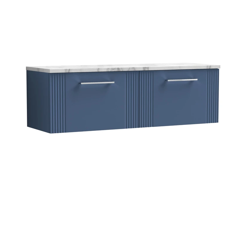 nuie DPF394LCM2 Deco Modern Bathroom Wall Hung 2 Soft Close Drawer Vanity Unit and Carrera Marble Laminate Worktop, 1200mm, Satin Blue