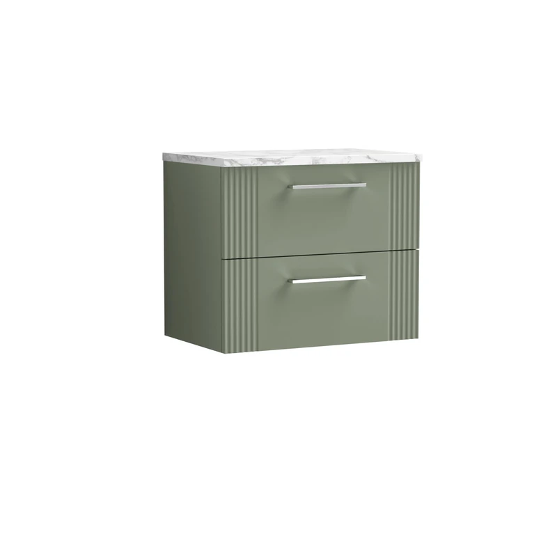 nuie DPF893LCM Deco Modern Bathroom Wall Hung 2 Soft Close Drawer Vanity Unit and Carrera Marble Laminate Worktop, 600mm, Satin Green