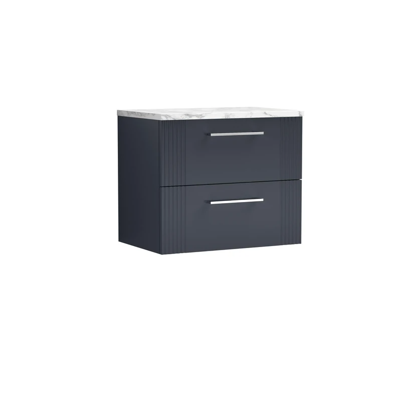 nuie DPF1493LCM Deco Modern Bathroom Wall Hung 2 Close Drawer Vanity Unit and Carrera Marble Laminate Worktop, 600mm, Soft Black