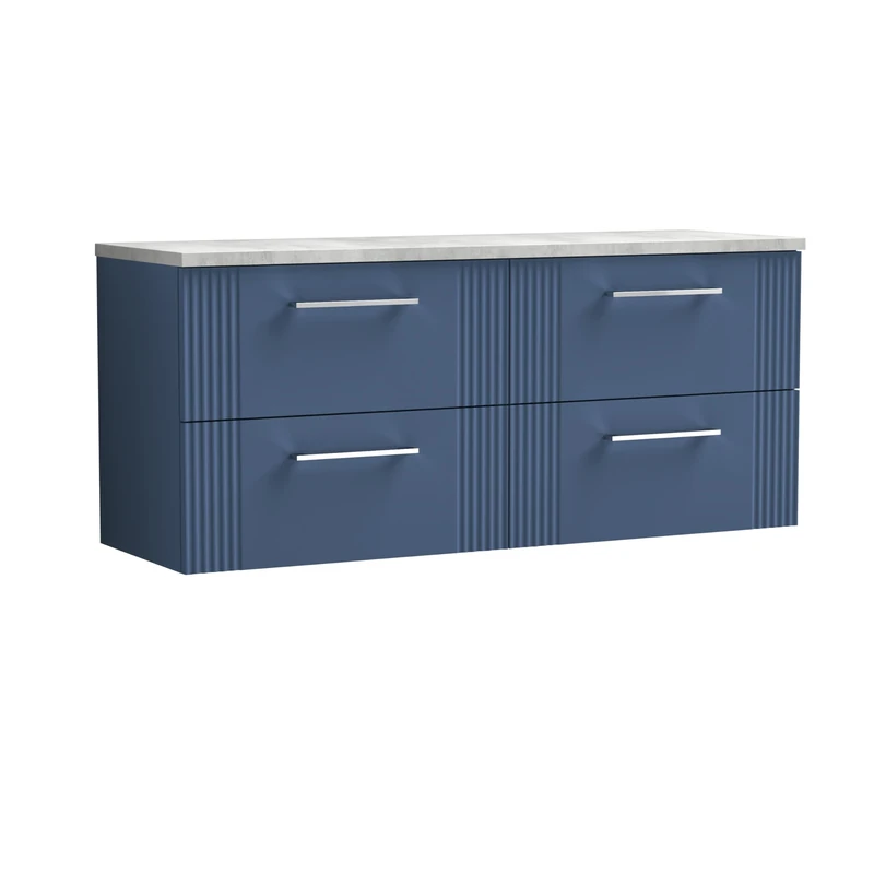nuie DPF393LBG2 Deco Modern Bathroom Wall Hung 4 Soft Close Drawer Vanity Unit and Bellato Grey Laminate Worktop, 1200mm, Satin Blue