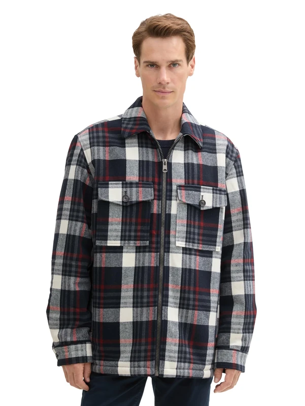 TOM TAILOR Men's Flannel Checked Jacket with Chest Pockets, 35776 - Navy Red Big Check, L