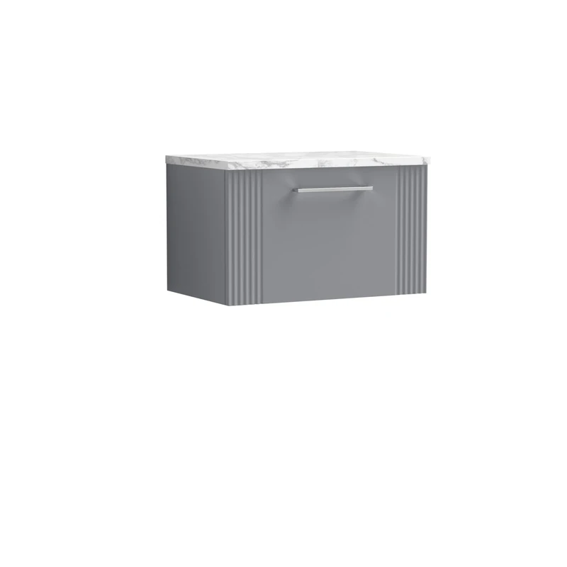 nuie DPF294LCM Deco Modern Bathroom Wall Hung Single Soft Close Drawer Vanity Unit and Carrera Marble Laminate Worktop, 600mm, Satin Grey