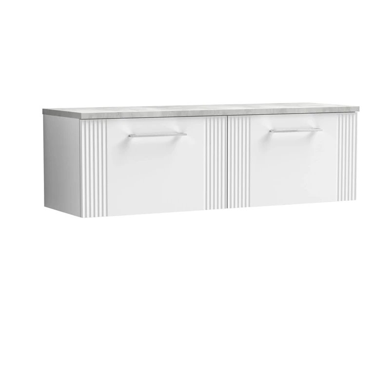 nuie DPF194LBG2 Deco Modern Bathroom Wall Hung 2 Soft Close Drawer Vanity Unit and Bellato Grey Laminate Worktop, 1200mm, Satin White