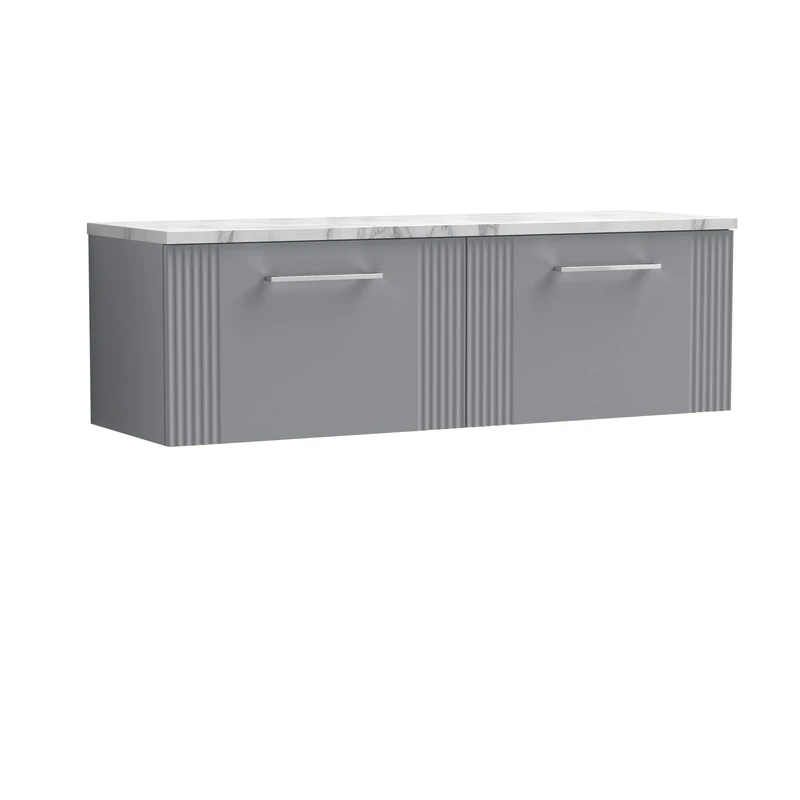 nuie DPF294LCM2 Deco Modern Bathroom Wall Hung 2 Soft Close Drawer Vanity Unit and Carrera Marble Laminate Worktop, 1200mm, Satin Grey