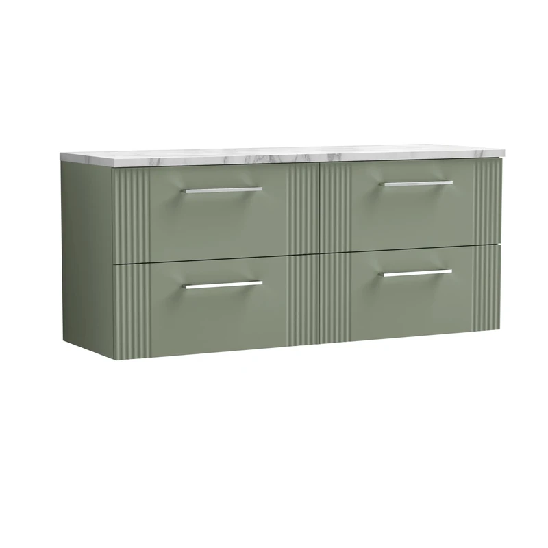 nuie DPF893LCM2 Deco Modern Bathroom Wall Hung 4 Soft Close Drawer Vanity Unit and Carrera Marble Laminate Worktop, 1200mm, Satin Green