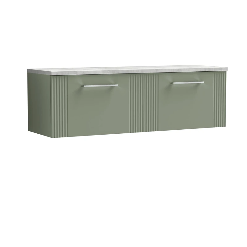 nuie DPF894LBG2 Deco Modern Bathroom Wall Hung 2 Soft Close Drawer Vanity Unit and Bellato Grey Laminate Worktop, 1200mm, Satin Green