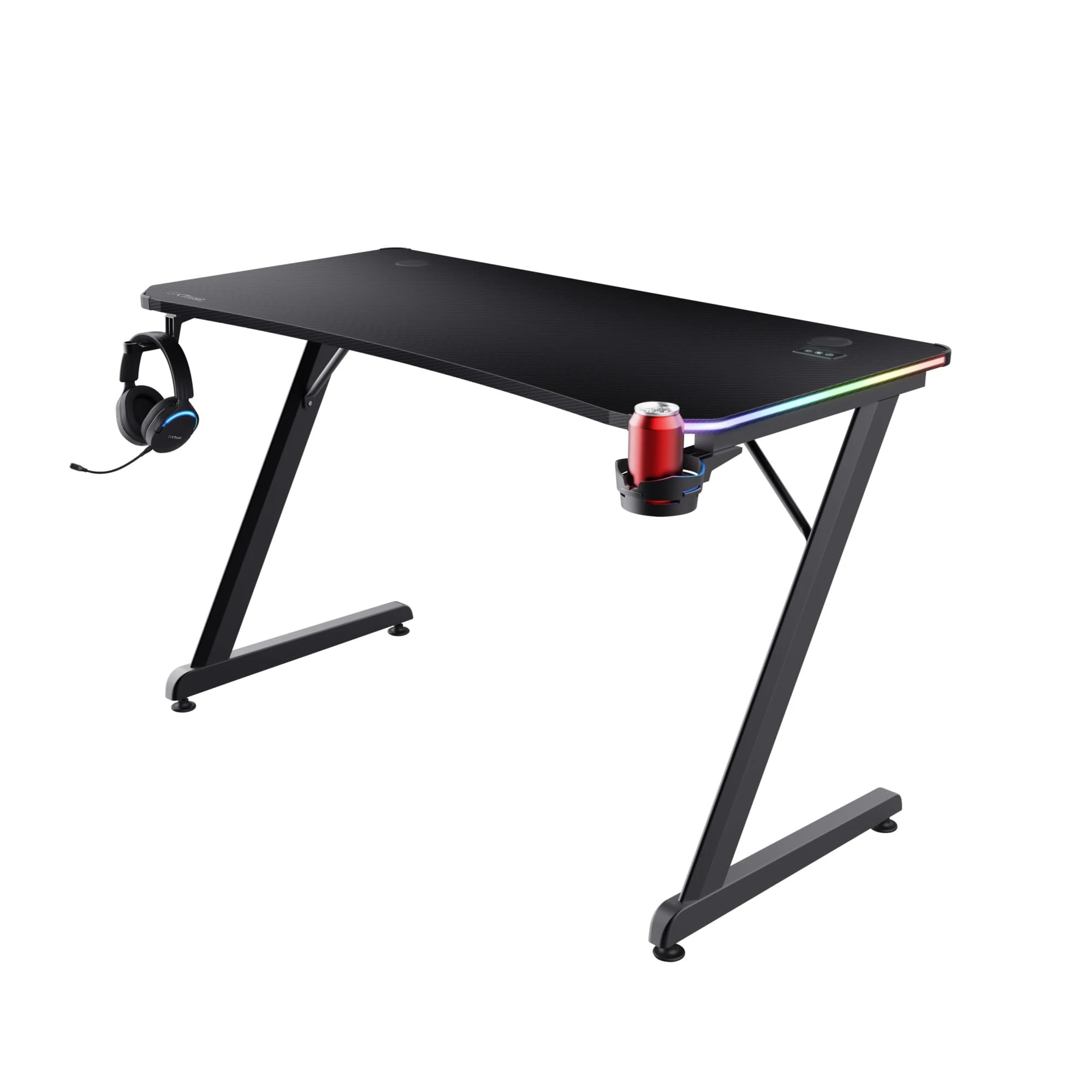 Trust Gaming GXT 709 Luminus RGB Gaming Desk with LED Lights, 10 Colour Modes, USB Powered, Computer Desk with Cup and Headphone Holder, Gaming Table PC Desk for Office, Study, Work 120 x 60 - Black