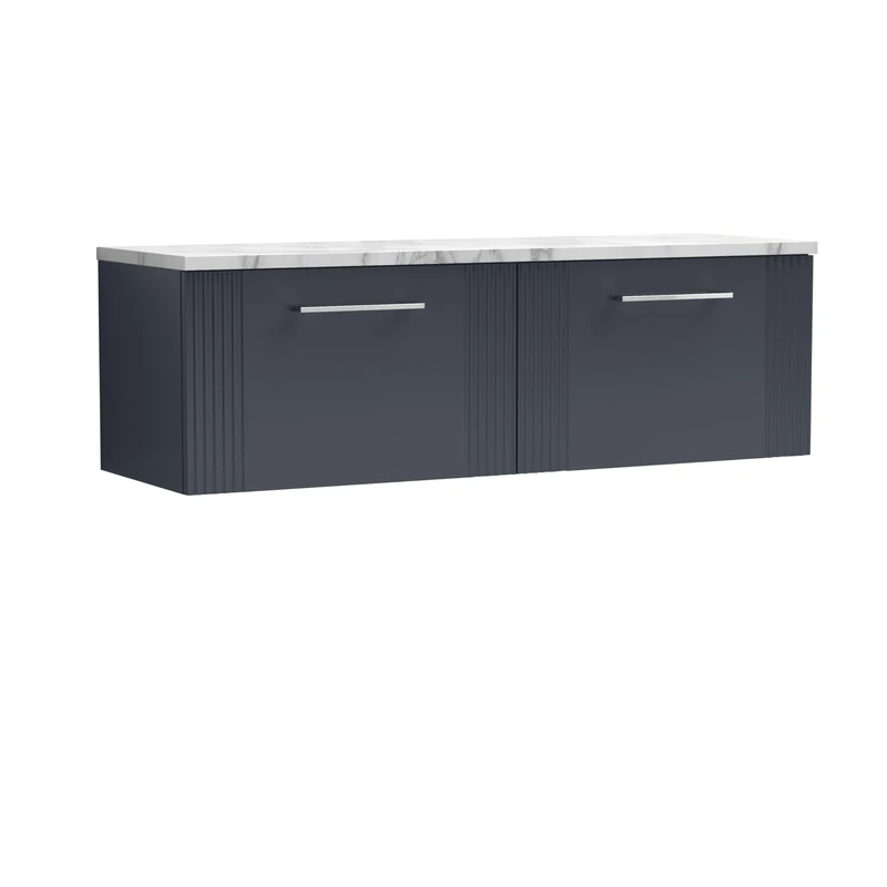 nuie DPF1494LCM2 Deco Modern Bathroom Wall Hung 2 Close Drawer Vanity Unit and Carrera Marble Laminate Worktop, 1200mm, Soft Black