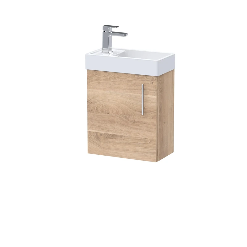 nuie MIN031 Vault Modern Bathroom Cloakroom Wall Hung 1 Soft Close Door Vanity Basin Unit, 400 x 440 x 222mm, Bleached Oak