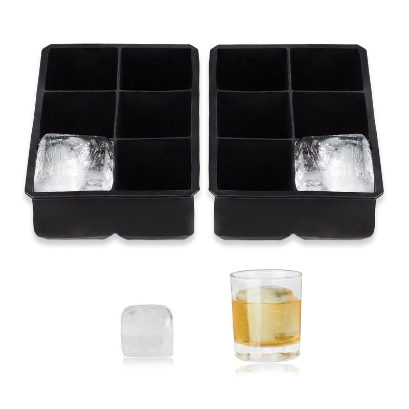Relaxdays Mould, Set of 2, Reusable, Silicone Tray, 5 cm Compartments, 6 Individual Ice Cubes, Black, 5 x 16.5 x 11 cm