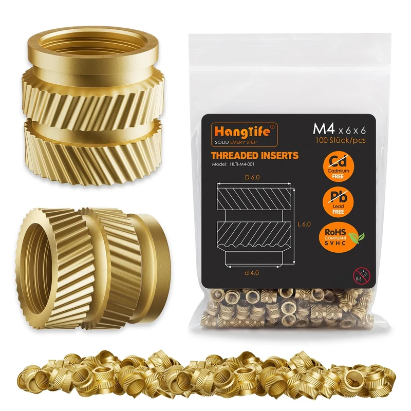 Hanglife M4 Heat Set Inserts for Plastic - 100 Brass Knurled Nuts