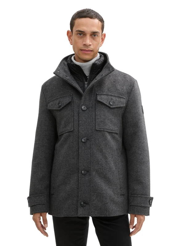 TOM TAILOR Men's 1042209 Wool Coat with Chest Pockets, 30500 - Dark Grey Black Herringbone, 3XL