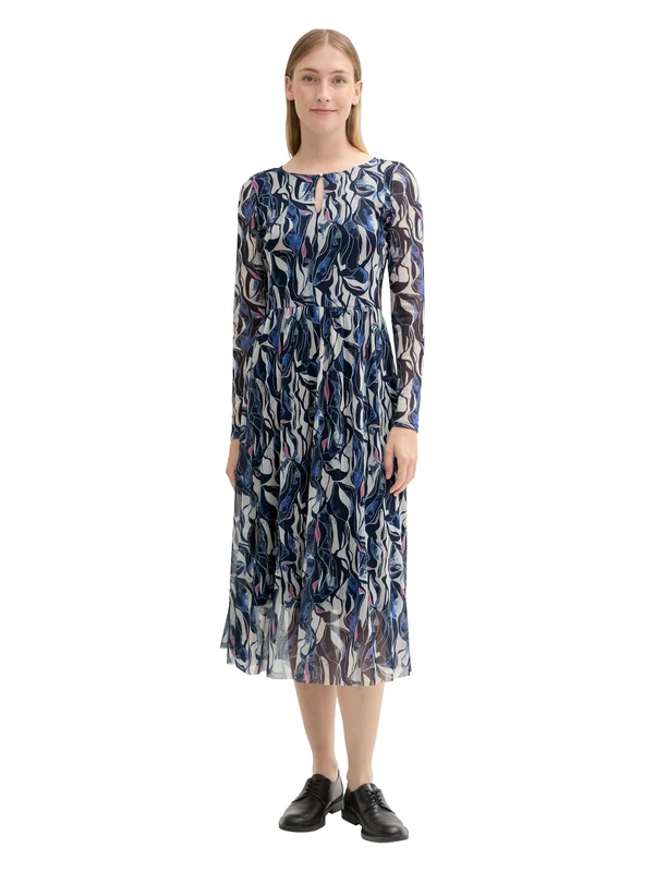 TOM TAILOR Women's 1043038 midi mesh Dress with Transparent Sleeves, 35892-Organic Shapes Design, 20