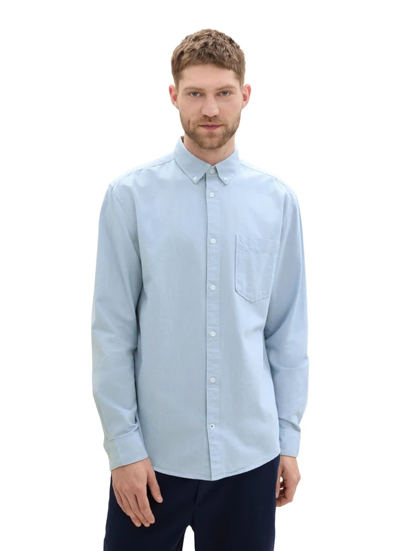 TOM TAILOR Men's Regular Fit Shirt with Embroidered Logo on Chest Pocket, 35960 - Light Blue Chambray, L