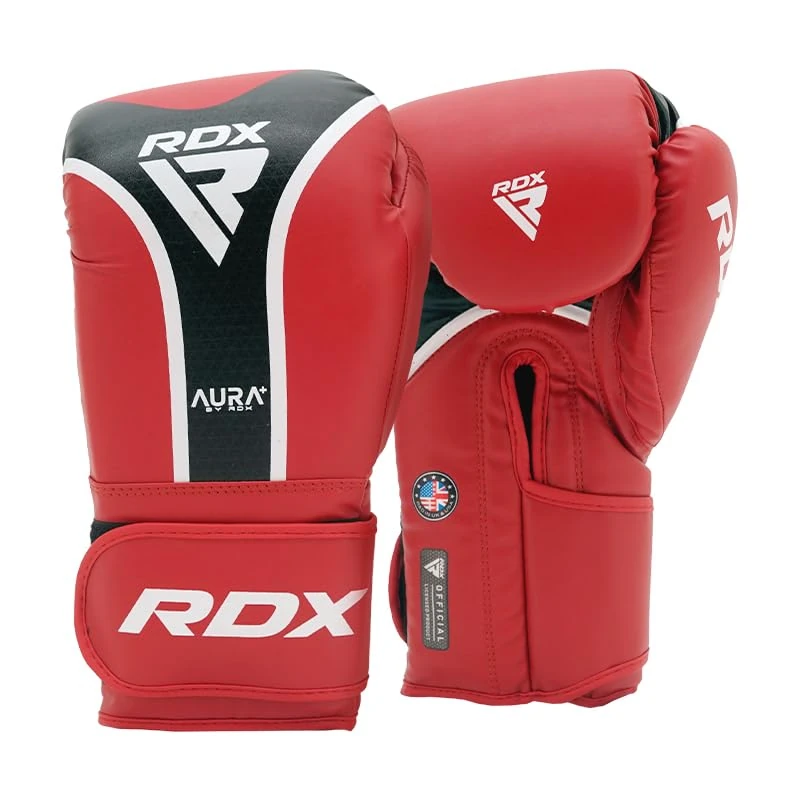 RDX Aura Plus T-17 Boxing Gloves – Maya Hide Leather, MG-3 Padding & Max-Shock Foam for Training, Sparring, Kickboxing & Muay Thai – Quick-EZ Strap – Red 14 Oz