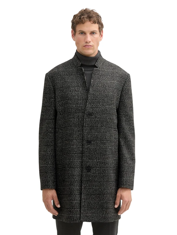 TOM TAILOR Denim Men's 3-Button Wool Coat with Stand-Up Collar, 35749 - Black Big Glencheck, XXL