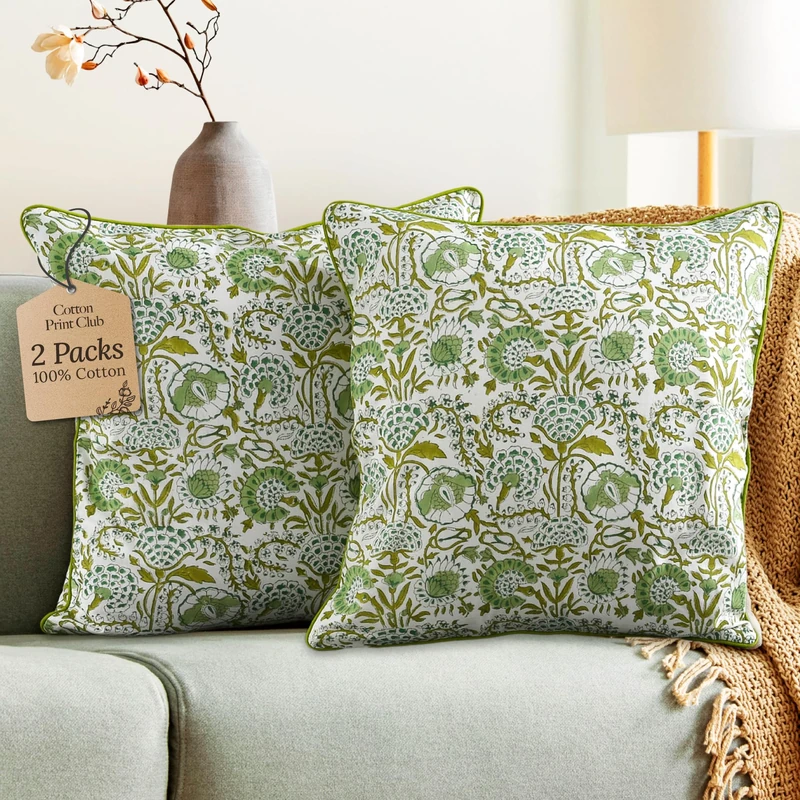 CPC Throw Pillow Covers for Couch, 20x20 Decorative Couch Pillows for Living Room, 100% Cotton Boho Pillow Case or Cute Outdoor Pillows, Flower Pillow Covers or Preppy Throws-Agate Green