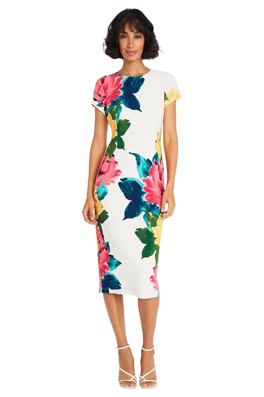 Maggy London Women's Dresses Placement Print Matte Jersey Midi Sheath Career Office Workwear Event Occasion Guest of Business Casual, Soft White/Coral Pink, 10