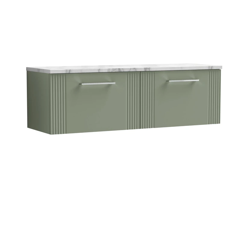 nuie DPF894LCM2 Deco Modern Bathroom Wall Hung 2 Soft Close Drawer Vanity Unit and Carrera Marble Laminate Worktop, 1200mm, Satin Green