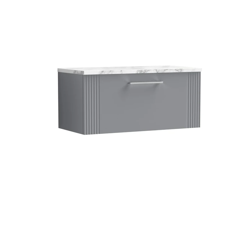 nuie DPF296LCM Deco Modern Bathroom Wall Hung Single Soft Close Drawer Vanity Unit and Carrera Marble Laminate Worktop, 800mm, Satin Grey