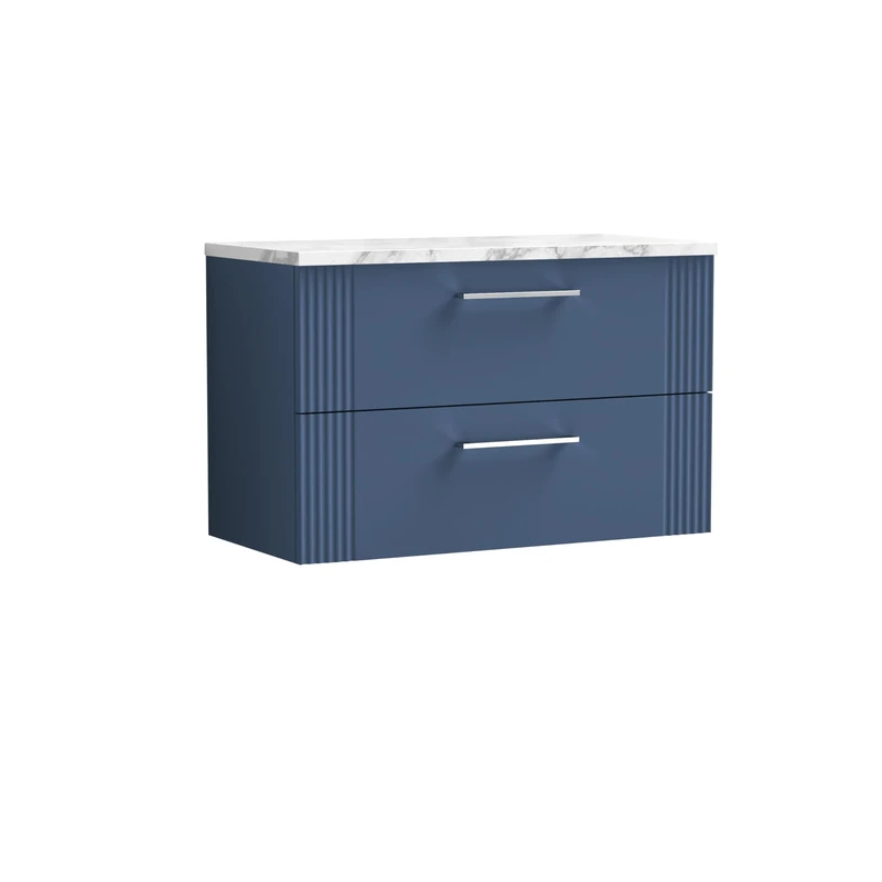 nuie DPF395LCM Deco Modern Bathroom Wall Hung 2 Soft Close Drawer Vanity Unit and Carrera Marble Laminate Worktop, 800mm, Satin Blue
