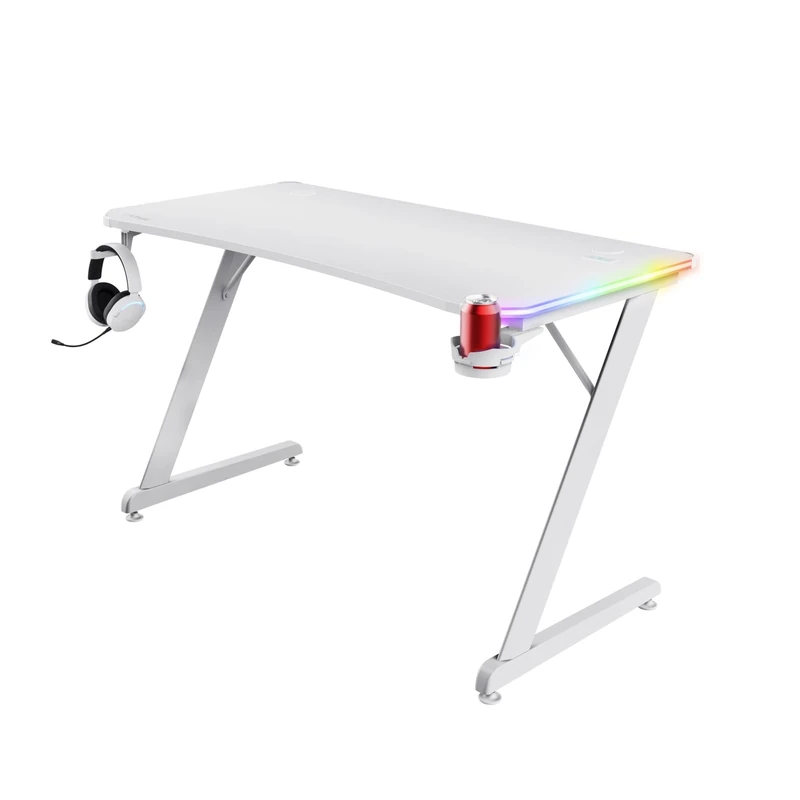 Trust Gaming GXT 709W Luminus RGB White Gaming Desk with LED Lights, 10 Colour Modes, USB Powered, Computer Desk with Cup and Headphone Holder, Gaming Table 120 x 60 PC Desk for Office, Study, Work