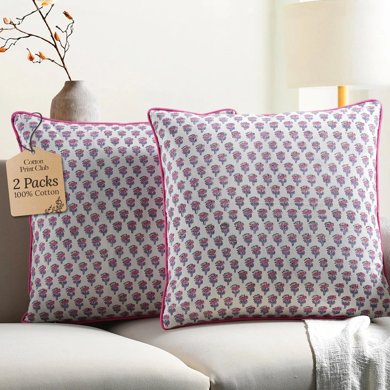 CPC Throw Pillow Covers for Couch, 100% Cotton Block Print Decorative Couch Pillows for Living Room, 100% Cotton Boho Pillow Case 20x20 Inch Pink Sapphire