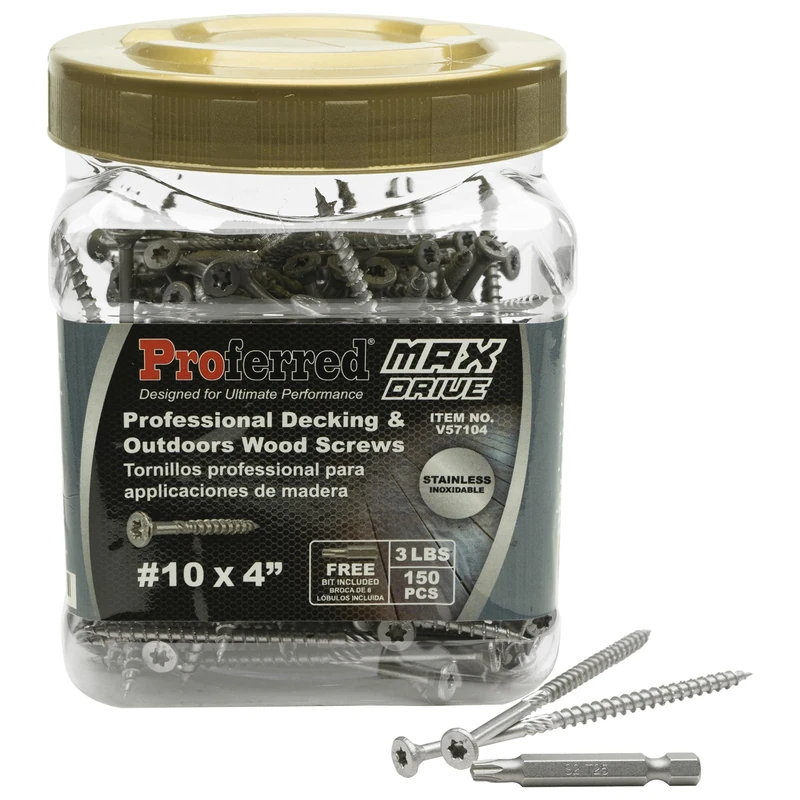 Proferred MAX Drive Professional Decking & Outdoor Wood Screws, Stainless Steel, 10 X 4", 6 Lobe 25 Drive (3 LBS, 150 pcs with 1 Bit in Jar), V57104