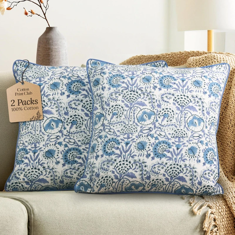 CPC Throw Pillow Covers for Couch, 20x20 Decorative Couch Pillows for Living Room, 100% Cotton Boho Pillow Case or Cute Outdoor Pillows, Flower Pillow Covers or Preppy Throws-Aqua Blue