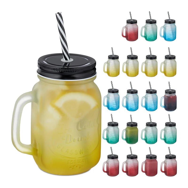 Relaxdays Jars, with Lid & Straw, Set of 20, 400 ml, Frosted Look, Drinking Glass with Handle, Colourful/Black, 14 x 11 x 8 cm