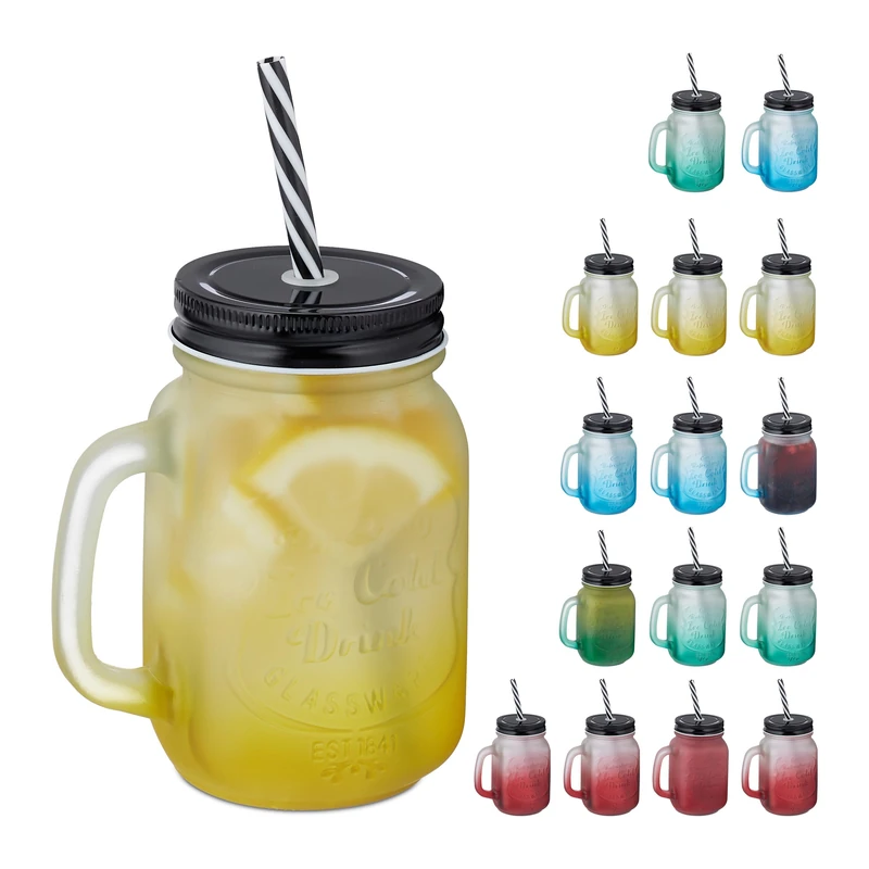 Relaxdays Jars, with Lid & Straw, Set of 16, 400 ml, Frosted Look, Drinking Glass with Handle, Colourful/Black, 14 x 11 x 8 cm