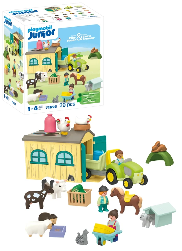 Playmobil 71656 JUNIOR: Farm Adventure with Tractor, Trailer and Animal Friends, educational toy, made from over 90% plant-based plastics, fun playset suitable for children ages 1+