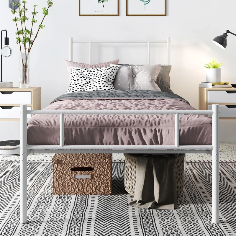 HOMCOM Single Metal Bed Frame Solid Bedstead Base with Headboard and Footboard, Metal Slat Support and Underbed Storage Space, Bedroom Furniture, White