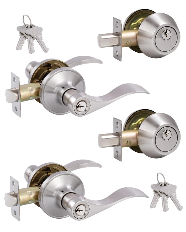 (2 Pack) Keyed Alike Front Door Lever Lockset with Single Cylinder Deadbolt Combination Set， Wave Style Lever, Front Door/Exterior Door Knob with Lock and Deadbolt， Satin Nickel Finished