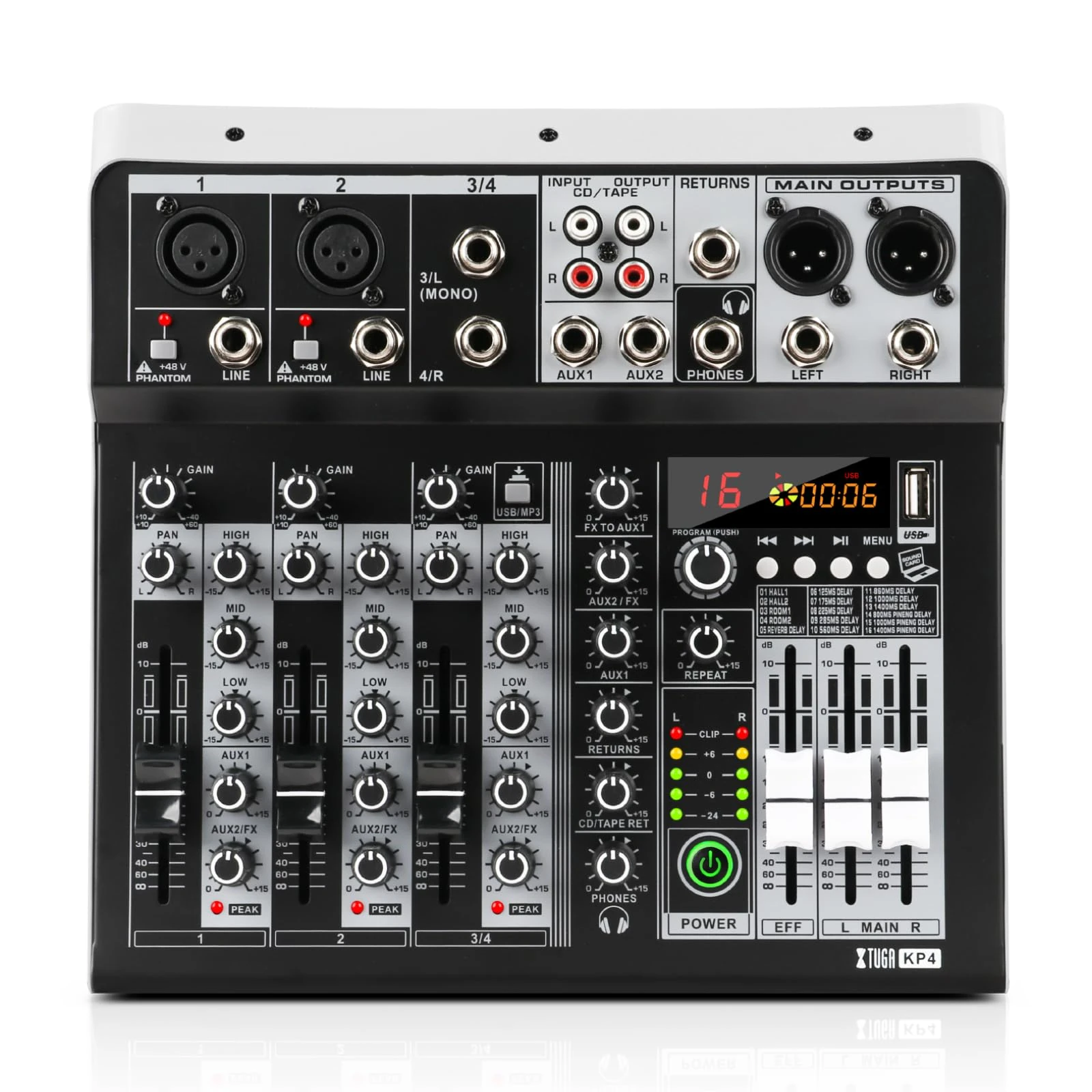 XTUGA 4 Channel Audio Mixer Professional Audio Mixer for Computer Recording, USB Studio Mixer with 48V Phantom Power DJ Mixer Bluetooth, KP4