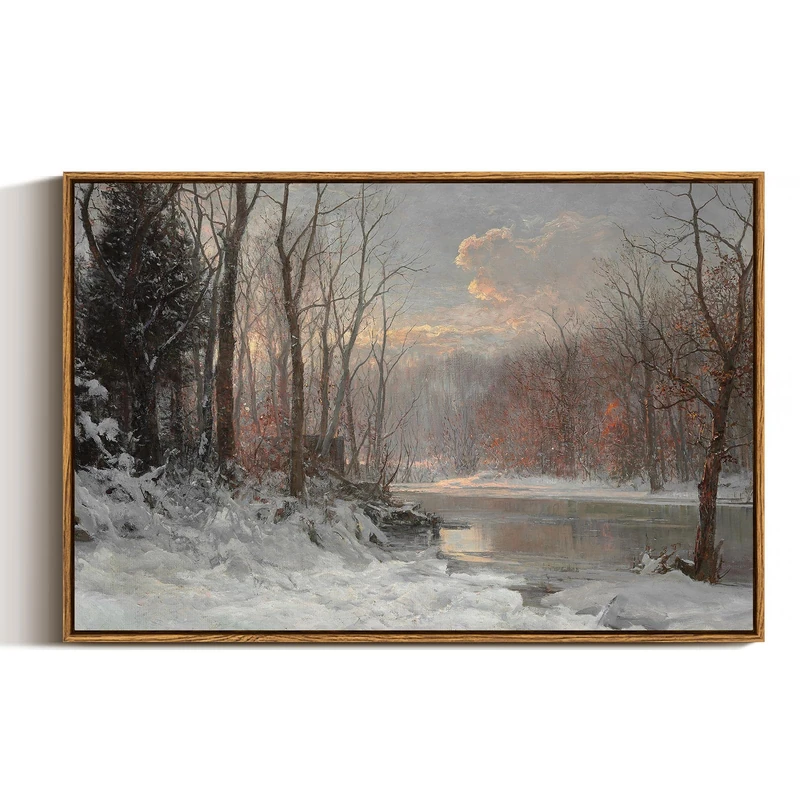 ARPEOTCY Vintage Framed Canvas Wall Art, Christmas Wall Art, Snow Straem River Tree Cloud Farmhouse Landscape Art Hanging Paintings for Living Room Bathroom Bedroom, 20x30 Inch