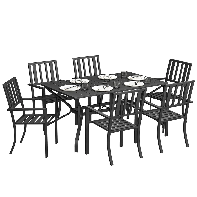 Outsunny 7 Pieces Garden Dining Set with Stackable Chairs, 6 Seater Metal Garden Furniture Set, Outdoor Metal Top Patio Table with Umbrella Hole, Black