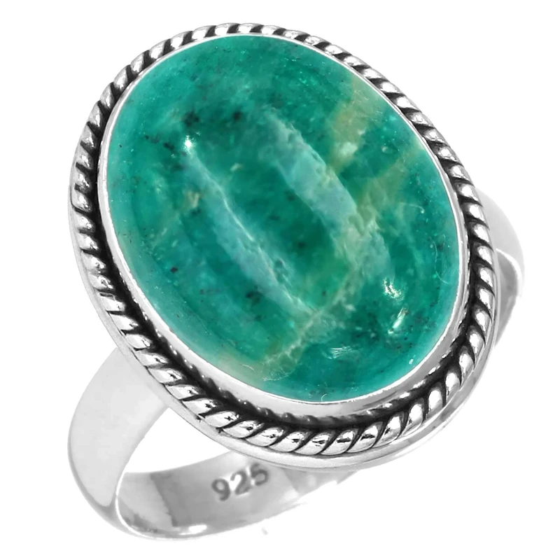 Jeweloporium Green Amazonite Silver Ring Size N 1/2, 925 Sterling Silver Ring for Women, Natural Chunky Oval Gemstone Handmade Jewellery
